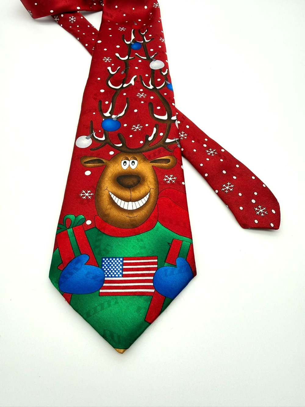 Hallmark Yule Tie Greetings Christmas Reindeer American Flag Necktie Mens 57" 4"